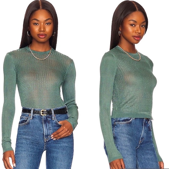 NWT Free People H2O Crew Pullover Open Stitch Knit Top Green Medium OB1505557 - Picture 2 of 11